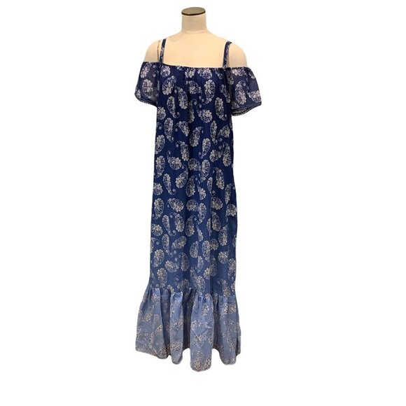 Mlle Gabrielle Maxi Dress Sz L Blue Floral Ruffle Hem Off Shoulder Floral 208F - Picture 1 of 7